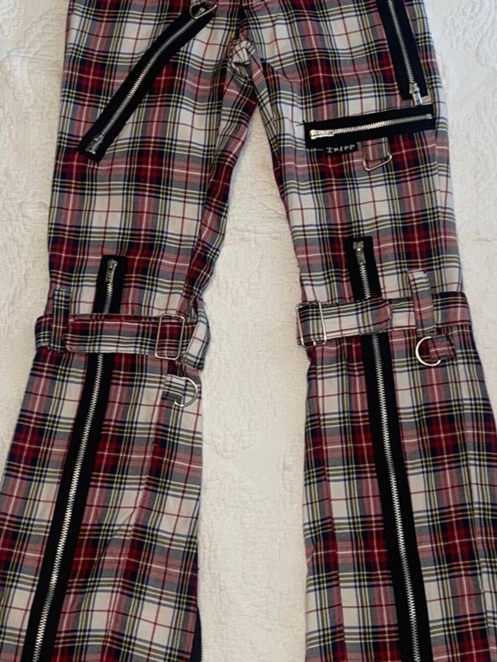 Plaid Vintage Y2K Tripp NYC bondage pants 5 27 sexy flare zippers hot topic HTF